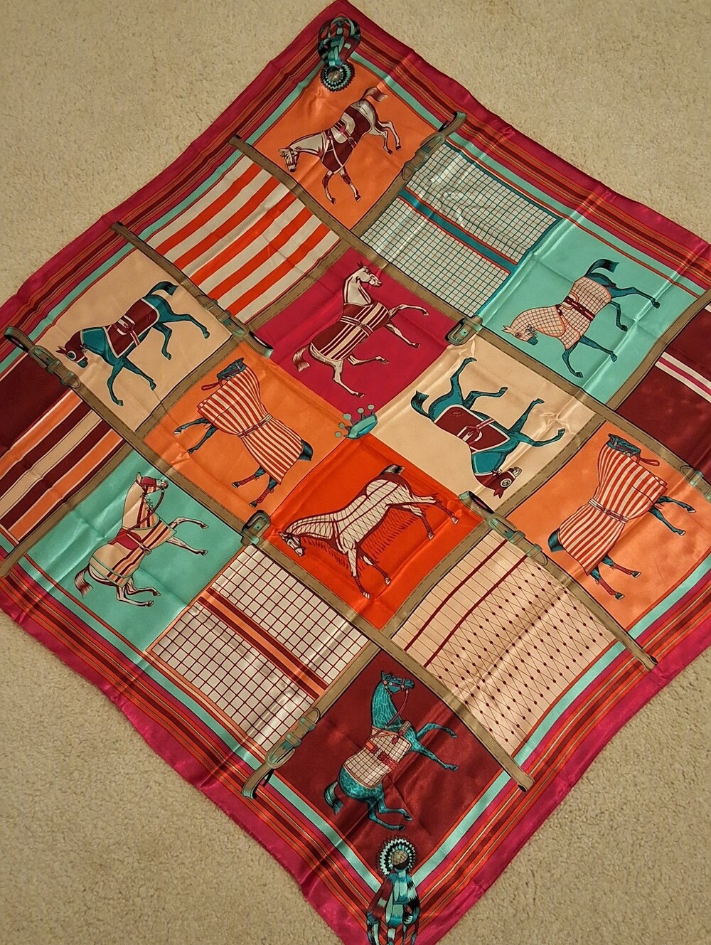 NEW, Vibrant Equestrian Print Silk Scarf - Orange, Teal, Fuchsia